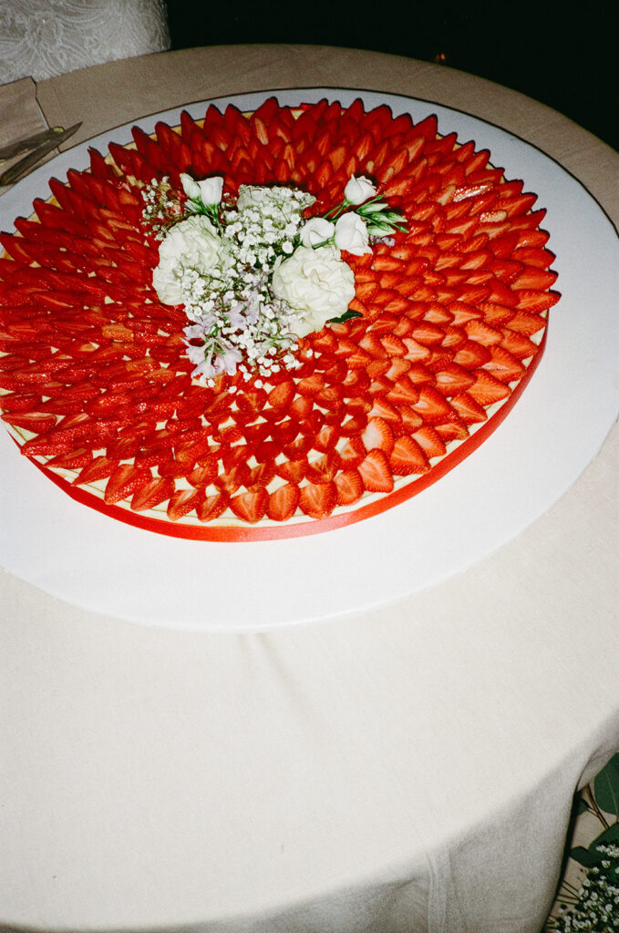 italian strawberry wedding cake on film