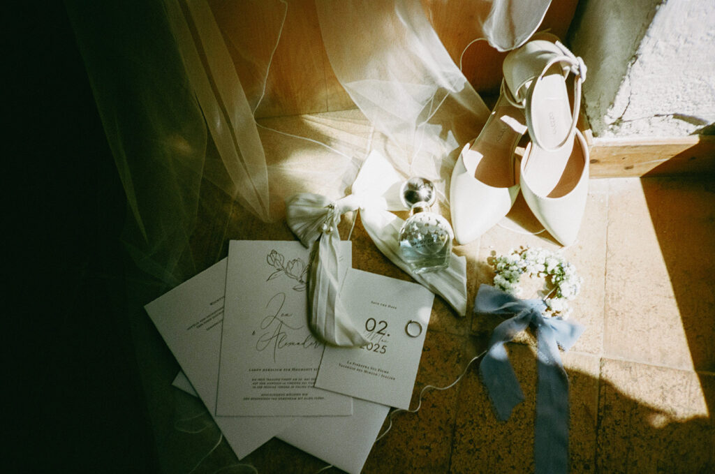 Film photo of elegant wedding day essentials